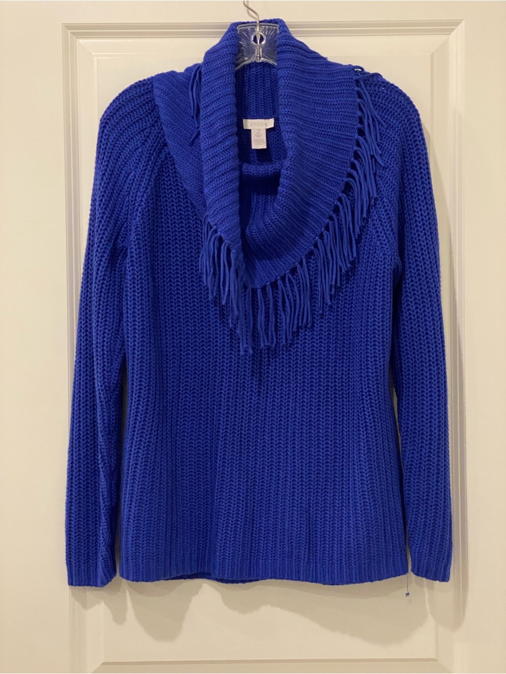 Chico’s Size 2 L Cobalt Blue Fringe Cowl Neck Chunky Knit Sweater - Picture 6 of 6